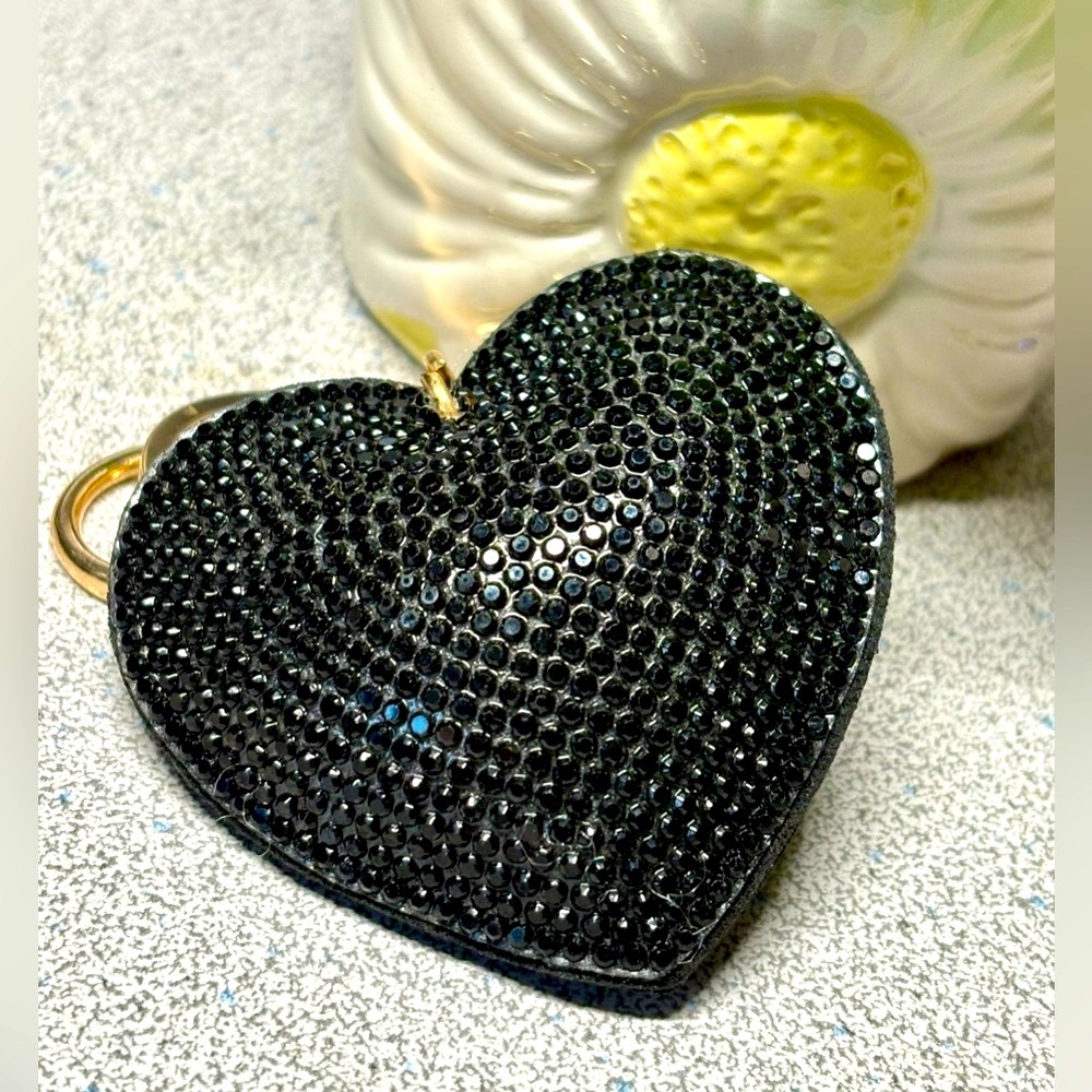 🖤Black Heart Keychain with Rhinestones and jingle bell/gold